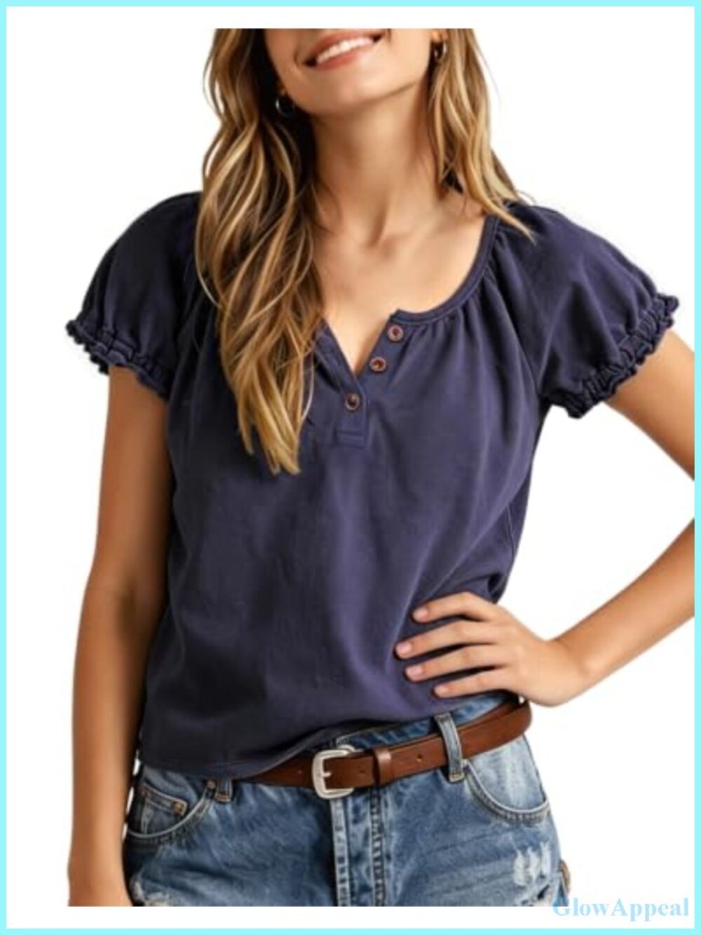 Women's Cotton Blend Ruffle Short Sleeve Henley Top - Casual Loose Fit